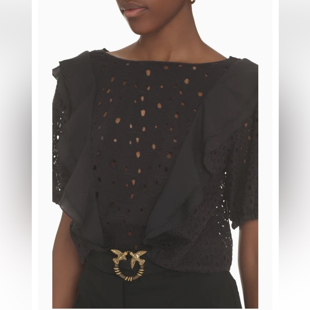 Pinko Volterra Broderie Anglaise Cotton Blouse Black Eyelet Blouse Size 46 XL